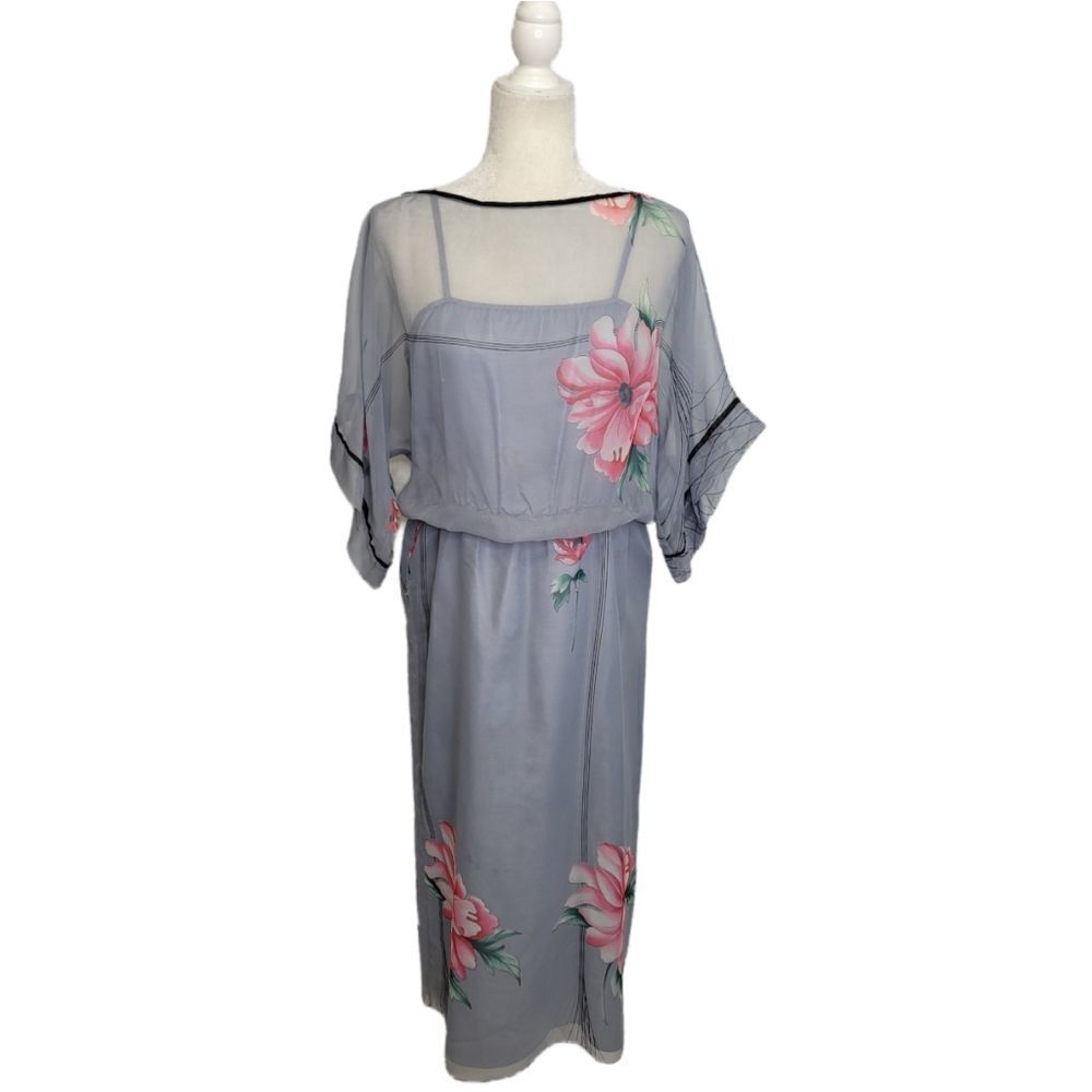 VINTAGE 70s dress gray floral peony sheer dolman sleeve midi S